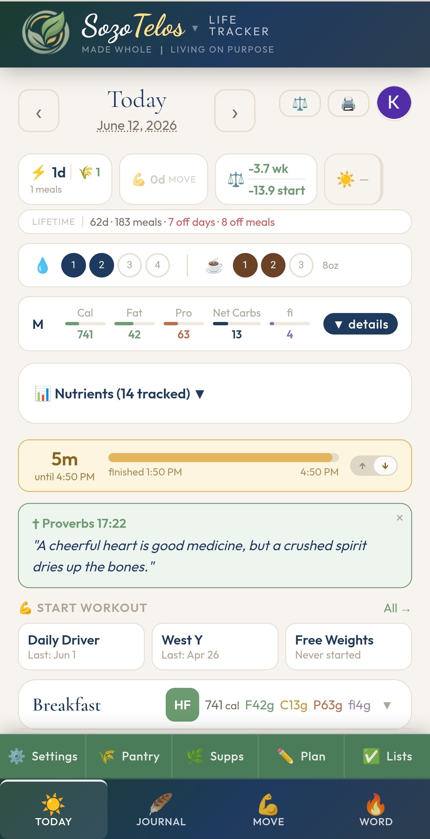 SozoTelos app — Today view